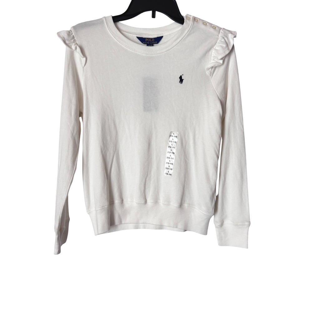 Polo Ralph Lauren Kids L 12-14 Sweatshirt Ruffle Shoulder White NWT